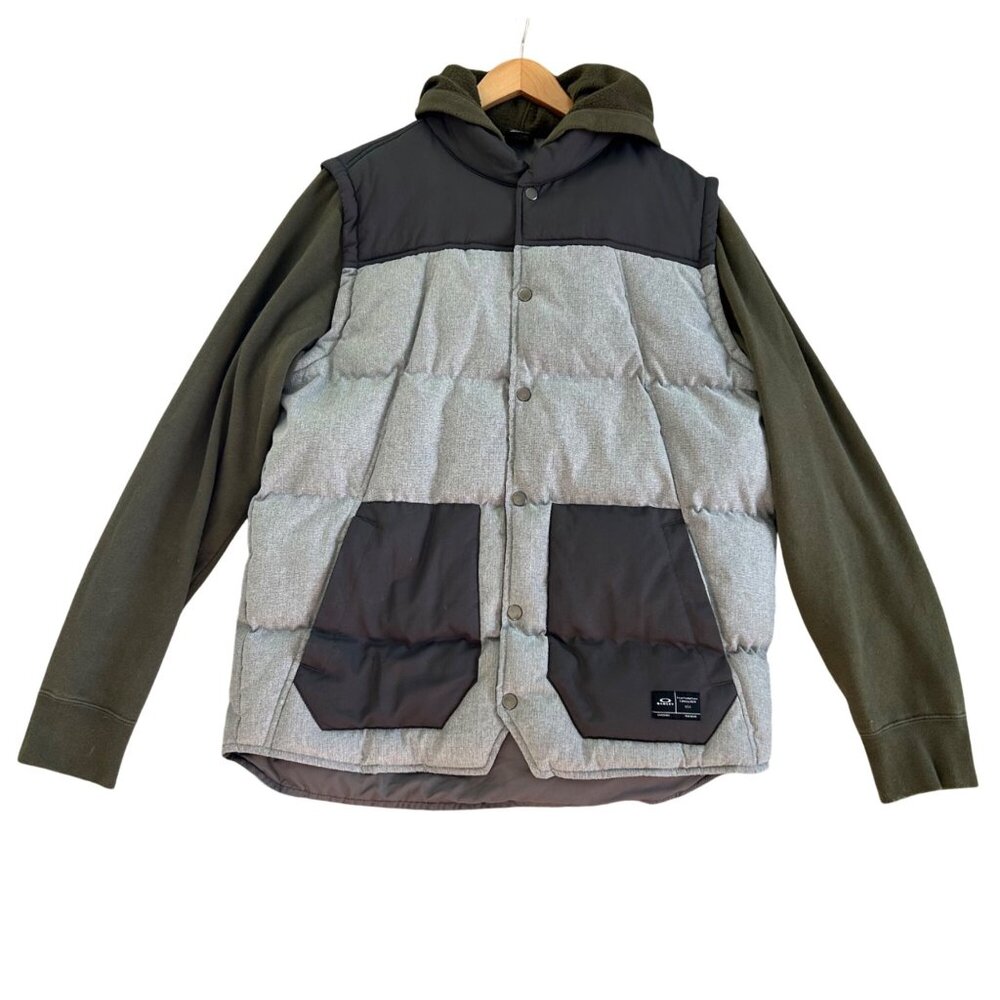 Oakley Mens Sz L Colorblock Quilted Puffer Jacket With Hoodie Gray & Olive Green
